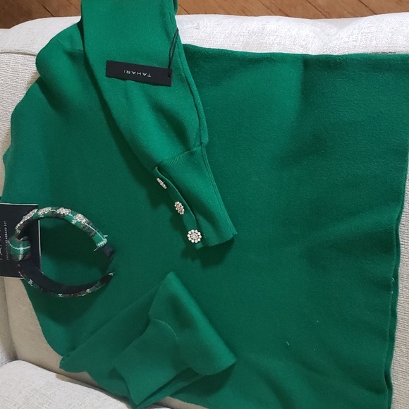 Tahari Sweater & Headband Rhinestone Buttons on Sleeves New Green Holiday's - Picture 1 of 17